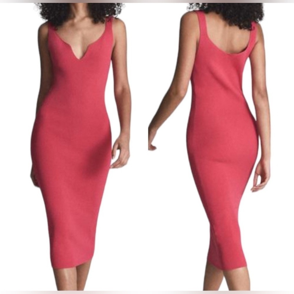 REISS Dakota Sweetheart Neck BodyCon Knit Midi Dress Pink Size Medium